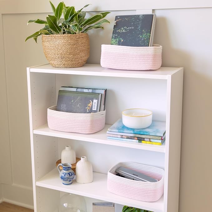 NaturalCozy 11.8"x8"x4.5” Rectangle Storage Baskets for Shelves 3 Pack | Cotton Rope Woven Small Baskets for Organizing | Small Storage Bins for Nursery, Bathroom, Closet, Shelf, Decorative, Gift