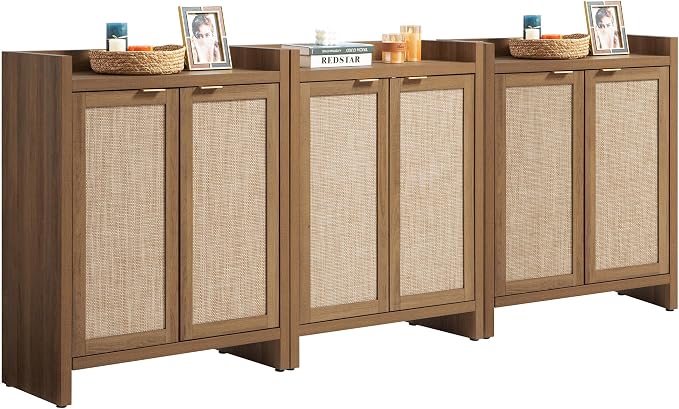 SICOTAS Shoe Cabinet Set of 3 Large Capacity Shoe Storage Organizer Cabinet | Tall Rattan Shoe Cabinet with Doors and Shelves, 6-Tier Farmhouse Boho Wooden Storage Cabinet for Entryway Hallway