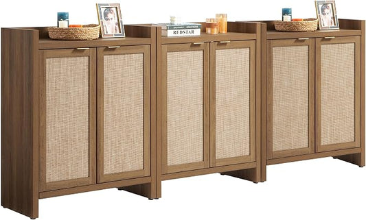 SICOTAS Shoe Cabinet Set of 3 Large Capacity Shoe Storage Organizer Cabinet | Tall Rattan Shoe Cabinet with Doors and Shelves, 6-Tier Farmhouse Boho Wooden Storage Cabinet for Entryway Hallway