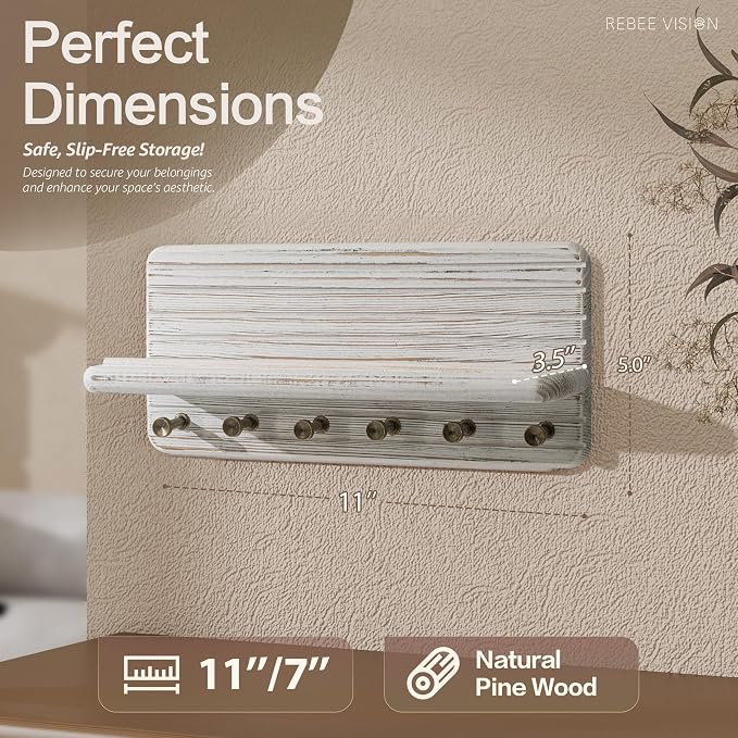 Rebee Vision Key Holder Wall Mount with 6 Hooks for Room Decor, Whitewash | Pine Wood, 6 Key Hooks, Key Holder for Wall, Floating Shelf, Mail Organizer, Apartment Essential for Room Improvement