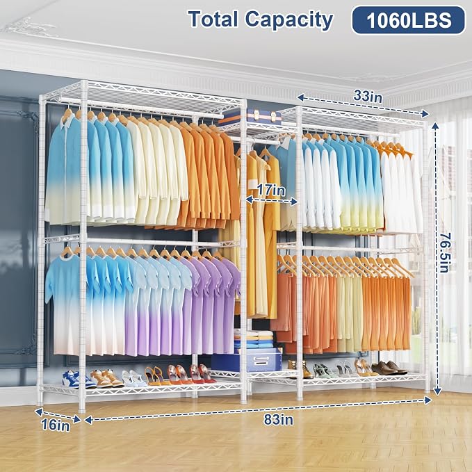 E12 Max Clothes Rack，Heavy Duty Freestanding Garment Rack with Shelves，Metal Clothing Closet Storage System for Hanging Clothes，83" W x 16" D x 76.5" H, Hold 1060 lbs，White