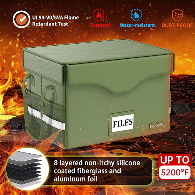 DocSafe 5200°F Fireproof Document Box with Lock,Heat Insulated File Organizer Storage with Pockets,Collapsible Portable Home Office File Safe Box with Handle for Hanging Letter/Legal Folders, Green