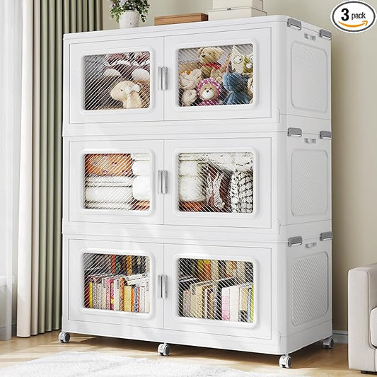 BROVIEW 225Gal Extra Large Storage Bins with Lid and Wheels, White, 3 Pack | 1 lid Plastic Cabinets Stackable Collapsible Foldable Storage Box Total 900 Quart Organizer Drawers For Home Office Garage