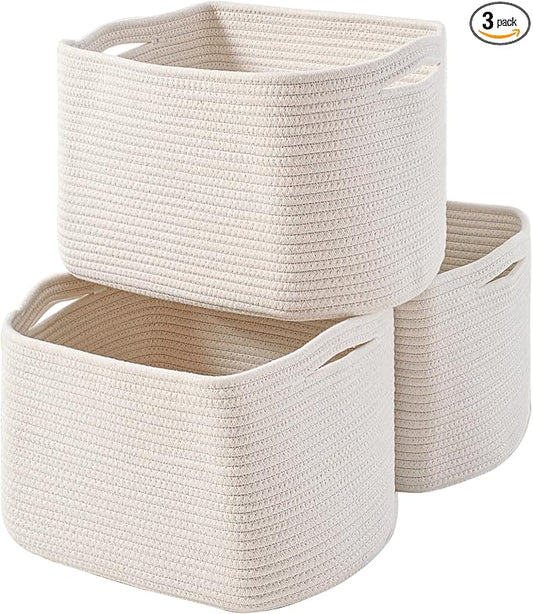 ICERZCZ Storage Baskets for Organizing Shelves, Woven Cotton Rope Bins for Baby Nursery Organization, Book Toy Towel Organizer, 15"x11"x9.5", 3 Packs, Off White