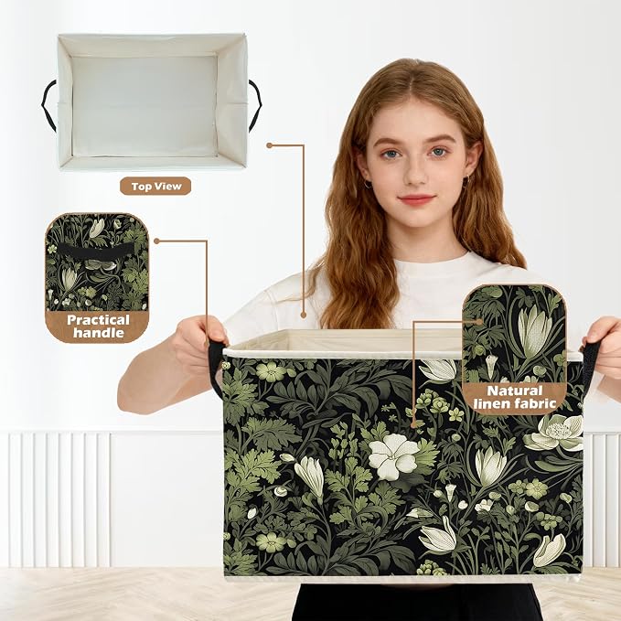 Vintage Floral Botanical Storage Box Bins, Art Nouveau Plant Flower Aesthetic Collapsible Storage Basket Organizer for Bedroom Laundry Room Home Clothes Books, Decor for Room