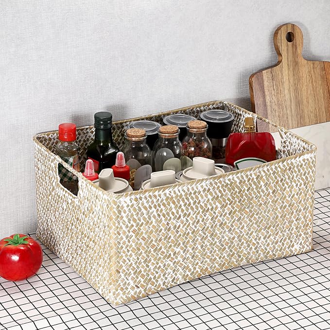 Hipiwe Wicker Storage Basket Bin X-Large Rectangular Opened Baskets Box | Handwoven Seagrass Basket Box with Handle for Shelf Organizing Closet Bathroom, 15.7" L x 11.8" W x 7.5" H