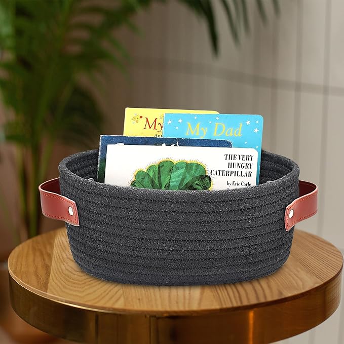 ABenkle Small Woven Basket, Mini Cotton Rope Storage Basket, Tiny Easter Basket, Shelf Basket, Oval Decorative Toy Dog Cat Basket for Nursery, Empty Gift Basket, 9.4" x 5.9" x 3.9" XS