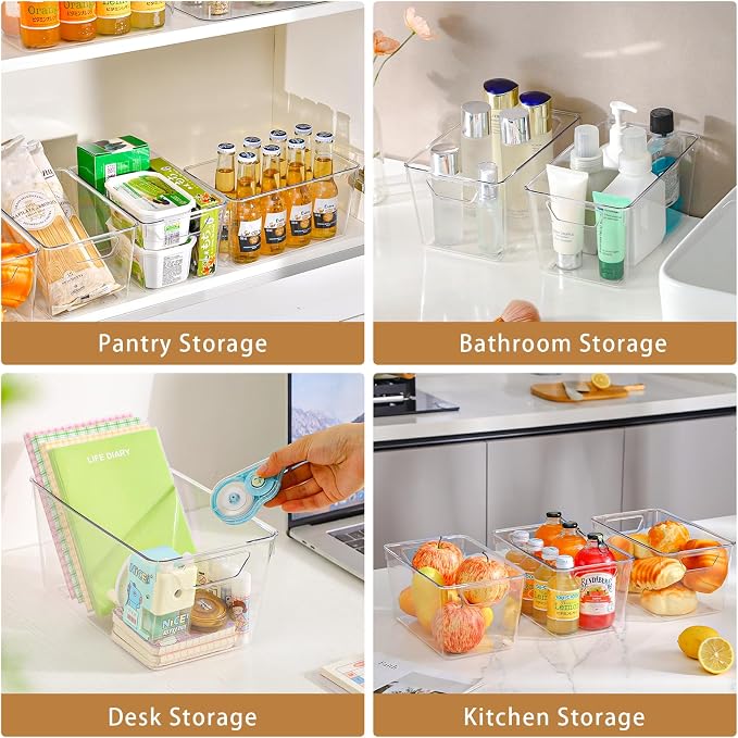 Freebat 12 Pack Pantry Organization and Storage,Clear Plastic Storage Bins | Middle, Cabinet Organizer, Clear Plastic Storage Containers with Handle,Acrylic Storage Bins for Cabinet, Fridge