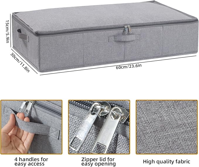 Under Bed Storage Container,Grey,23.6x11.8x5.9 Inch,1 Pack | Underbed Storage Organizers, Foldable Clothes Container,Clothes Bins with Lid and Handles for Blanket,Pillows,Shoes