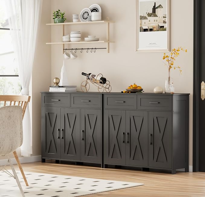 Homhedy Coffee Bar Storage Cabinet with Drawers, Kitchen Buffet Cabinet | Sideboard Cabinet with Doors, Farmhouse Buffet Cabinet, Adjustable Shelves, for Kitchen / Dining / Living Room, Black