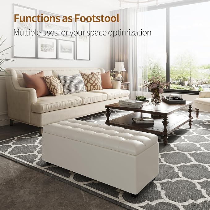 38" White Faux Leather Storage Ottoman Footrest Bench | Solid wood frame bench, 4-leg easy assembly. Use as end-of-bed, footrest, entryway seat. Hinged hidden storage, multi-use.