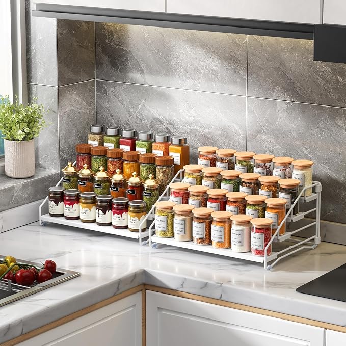2 Pack Spice Rack Organizer for Cabinet, Depth Adjustable 4 Tier Spice Rack | White, Metal Spice Organization for Cabinet, Easy Visibility, Tiered Spice Rack Perfect for Cabinet, Pantry and Countertop