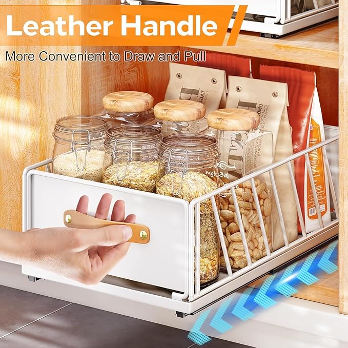 4Pack Pull out Cabinet Organizer,Heavy Duty Slide out Pantry Shelves Drawer Storage with Adhesive Nano Film,Sliding Mesh Basket with Handle for Kitchen, Bathroom, Home, 11.8W" X 15.7"D X 6.2"H,White
