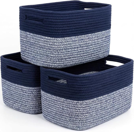 Storage Baskets for Organizing, 14 x 10 x 9” Closet Shelf Woven Baskets, Square Bins with Handles, Cotton Rope Basket for Clothes, Office, Room, Grey+Blue 3 Pack