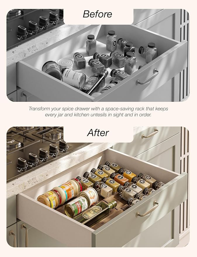 Tinamo Acacia Wooden Spice Rack Organizer for Cabinet - Spice Drawer Insert, Spice Organization for Cabinet, Seasoning Organizer, Spice Holder Pack of 8 (Walnut, Pack 8) | Acacia Wood Construction, No assembly, Stackable 4-tray design, Spacious for up ...