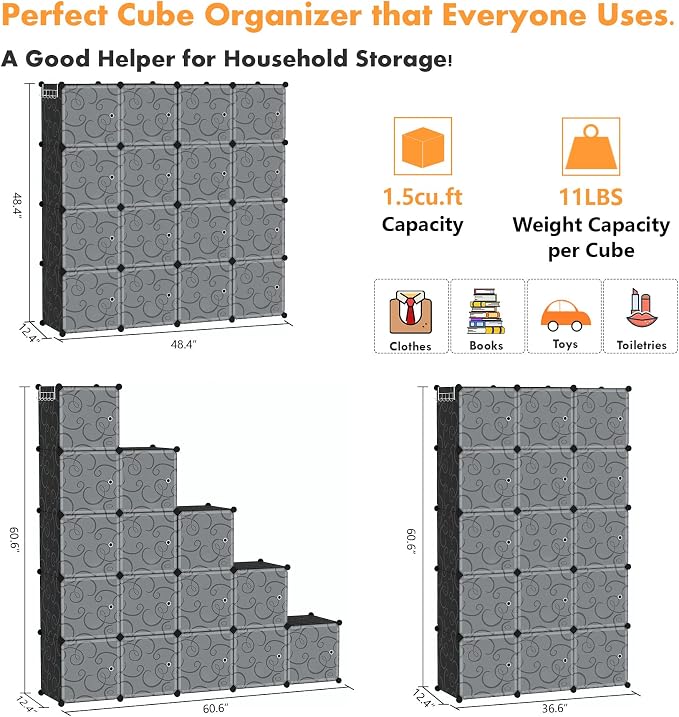 C&AHOME 16-Cube Storage Organizer with Door Platic Closet Organizer Black | Modular Bookshelf, Storage Shelving, Portable Shelves Organizing Units Ideal for Bedroom, Home 48.4" L × 12.4" W × 48.4" H