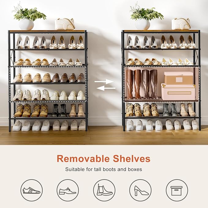 6 Tier Metal Shoe Rack with Wood Top, 18-24 Pairs Rustic Brown | Compact 38.6in tall fits entryway. Iron sheet for heels. Removable layer for tall boots. Multi-use display top.