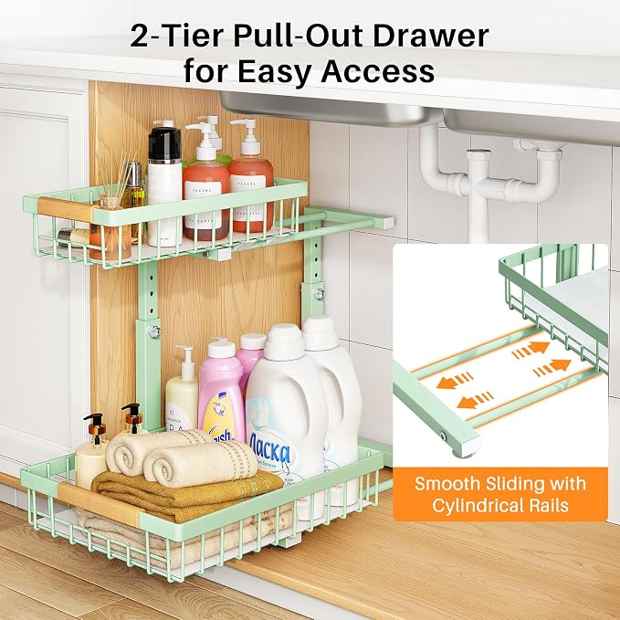 PXRACK Under Sink Organizer, Adjustable Height, 2 Tier Pull Out Under Cabinet Organizer, Slide Out Thickened Metal Under Sink Storage for Kitchen Bathroom Laundry Pantry Cabinet, Green, Large-1-Pack