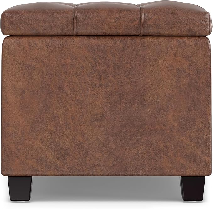SIMPLIHOME Sienna 33" Wide Vegan Leather Storage Ottoman in Midnight Black | Distressed saddle brown, transitional ottoman with tufting and lift-up lid; rectangle storage bench for living room.