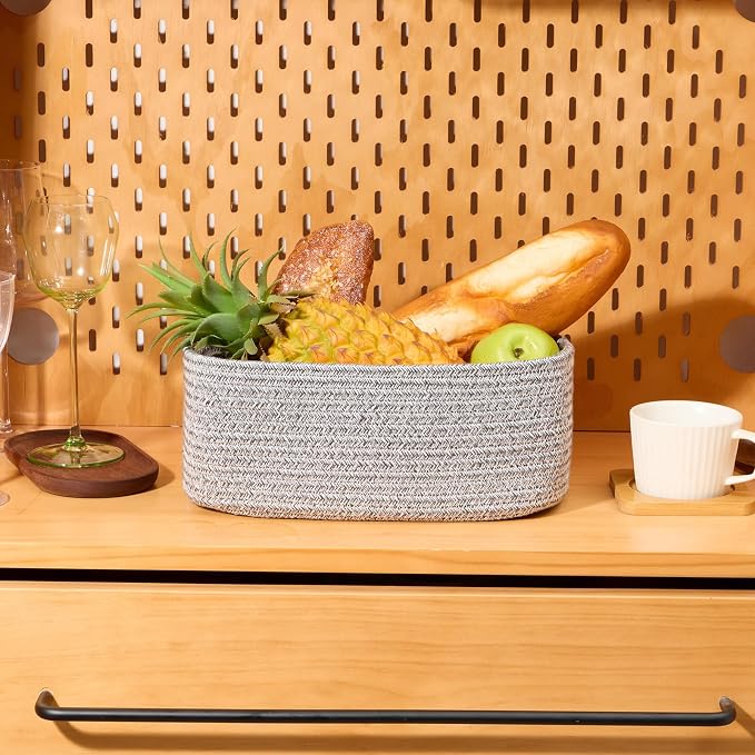 MiniArk Small Storage Baskets for Organizing | Closet Organizer Bins | Shelf Toy Basket | Woven Rope Baskets | Cube Decorative Box | Shallow Basket | 11.5x7.5x4.7” | 4 Packs Mixed Grey