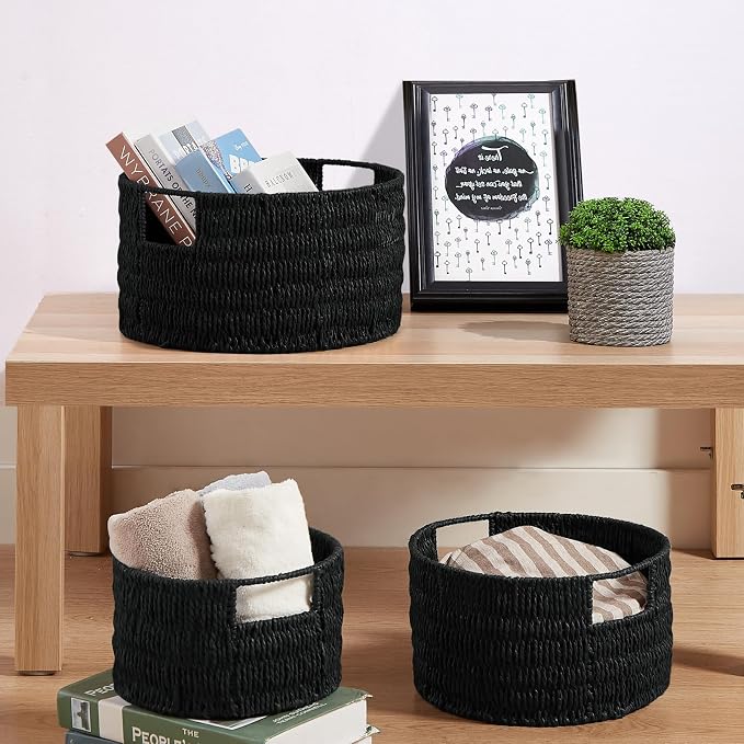 Wicker Storage Basket, Hand-Woven Paper Rope Large Round Woven Basket With Handles, Wicker Baskets for Organizing/Storage, Black, 3-Pack