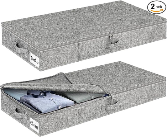 Under Bed Storage Container Bins 2 Pack, 4.5 Inch Slim Low Profile Underbed Clothes Storage Organizer for Dorm & Home, Use for Blanket and Toy Storage Box W/ Sturdy Bottom/Sides, Foldable Thick Fabric