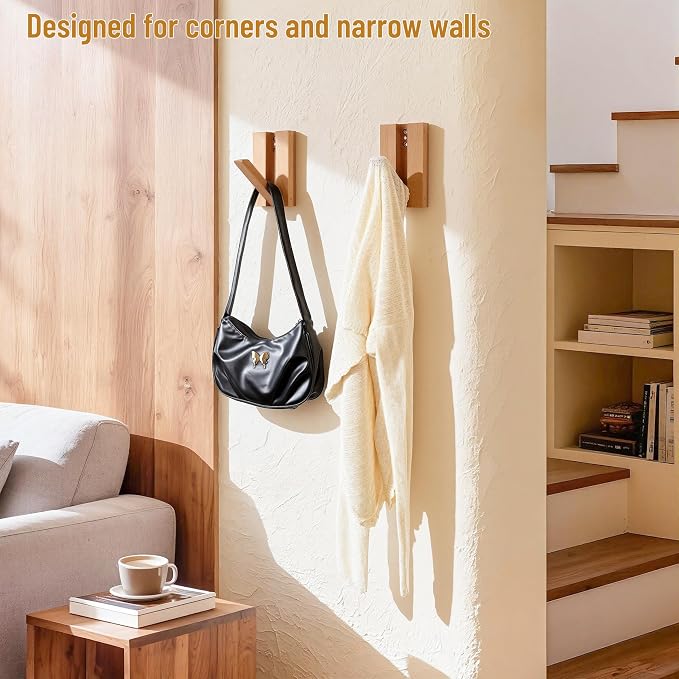 Wall Hooks for Small Space: 2Pack Foldable Wood Natural Coat Hooks | Hangers for Limited Spaces - Hanging Towel Backpack Bags Jacket - Space Saving Minimalist Design for Aesthetic Homeowners