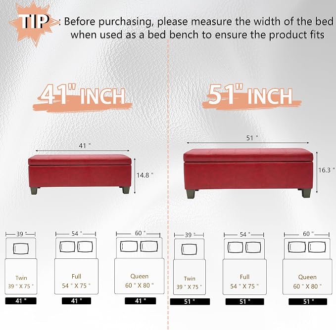51 Inch Storage Ottoman, Storage Bench with Safety Hinge, Upholstered Synthetic Leather Ottoman Bench for Bedroom, Living Room, Entryway, Hallway, Foot Rest, Support 500lbs