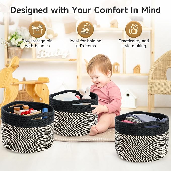 3 Pack Small Rope Storage Baskets, 9.82×9.82×7.1", Brown+Black | Cotton Basket for Gifts Empty, Cute Round Woven Basket, Decorative Shelf Basket Organizer, Organizing Basket for Shelves