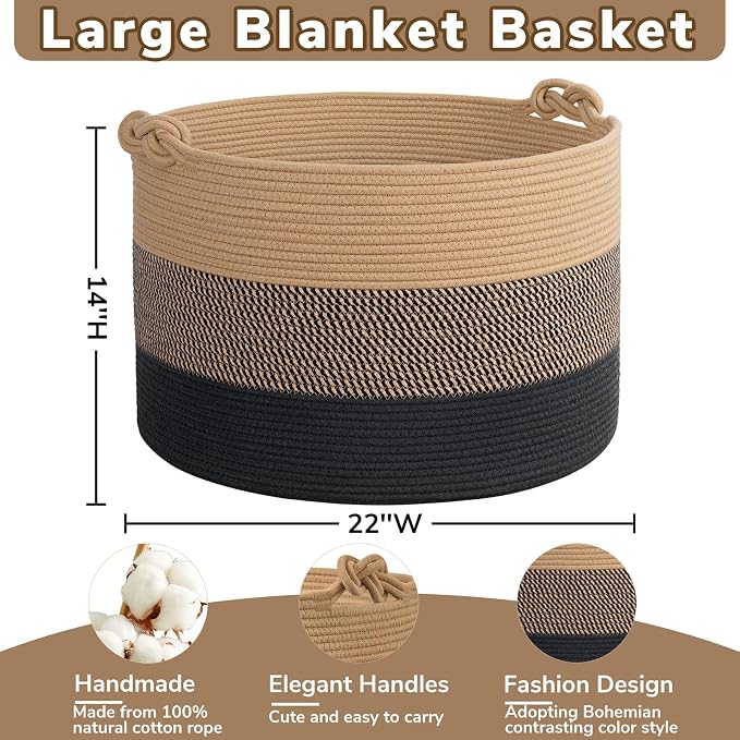 CherryNow 22"x22"x14" Large Blanket Basket, Home Décor for Living Room Bedroom, Decorative Wicker Woven Basket for Clothes, Toy Storage Basket for Kids, Camel Mix & Black