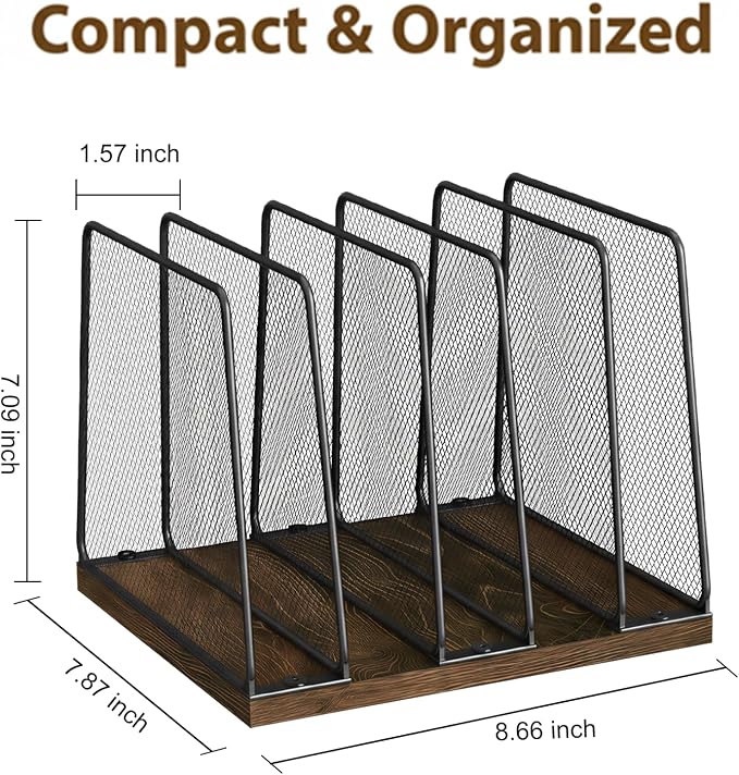 5-Section Vertical File Organizer for Desk, Sturdy Wood Base & Metal Mesh Desktop File Holder, Upright Paper Folder Sorter for Office Supplies（Rustic Brown）