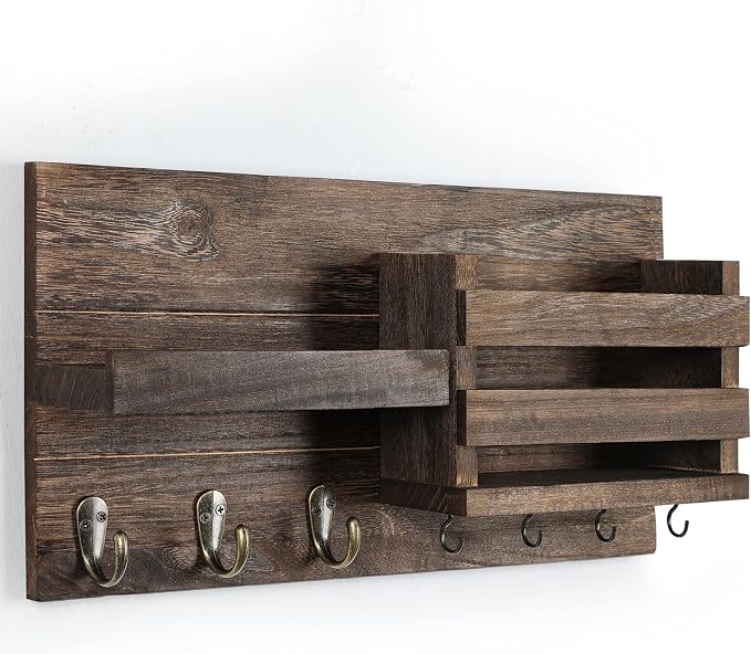 Lwenki Mail Organizer for Wall Mount – Key Holder with Shelf Includes Letter Holder and Hooks for Coats, Dog Leashes – Rustic Wood with Flush Mounting Hardware (16.5” x 8.7” x 3.5”)