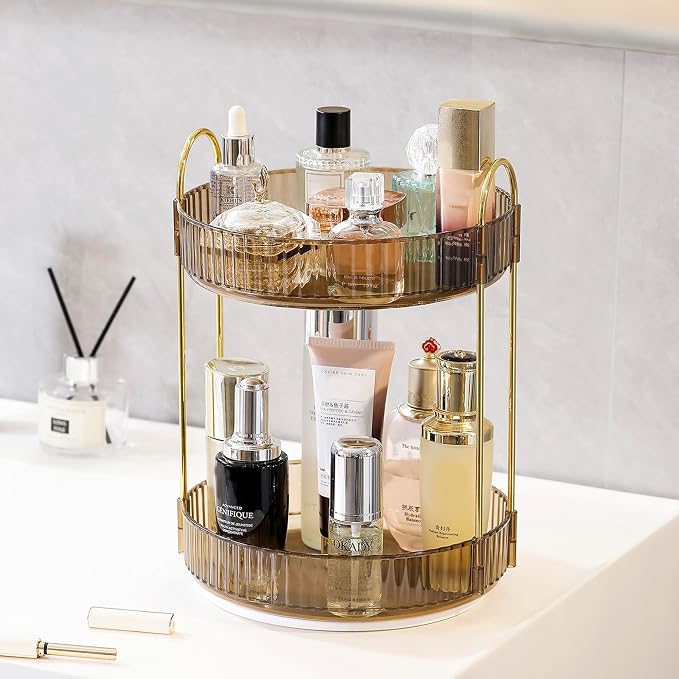 Aveniee 360 Rotating Makeup Organizer for Vanity, Perfume Sincare Organizers Bathroom Countertop Storage, Clear Cosmetics Lipstick Holder for Dresser,2 Tiers, Brown