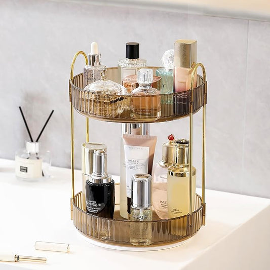 Aveniee 360 Rotating Makeup Organizer for Vanity, Perfume Sincare Organizers Bathroom Countertop Storage, Clear Cosmetics Lipstick Holder for Dresser,2 Tiers, Brown