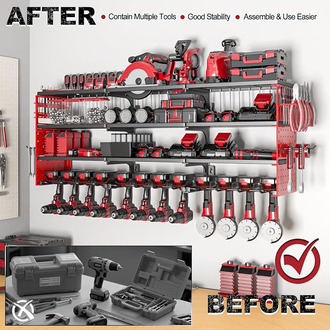 52" Metal Power Tool Organizer Wall Mount,4 Tier,Red | Heavy-Duty Metal,480 LBS Capacity,12 Cordless Drill Holders,Adjustable Hooks,Tool Shelf for Garage Workshop Shed,Pegboard