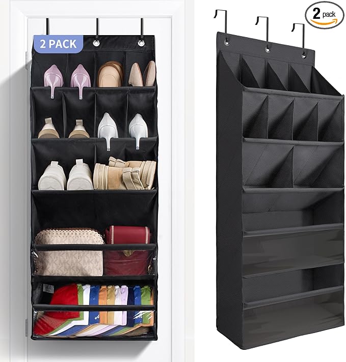 FENTEC 2 Pack Over the Door Shoe Organizer, Hanging Shoe Organizers with Large Pockets Shoe Holder Hanging Shoe Rack for Closet Shoe Organizer for Wall, Over Door Organizer with 30 Pockets, Black