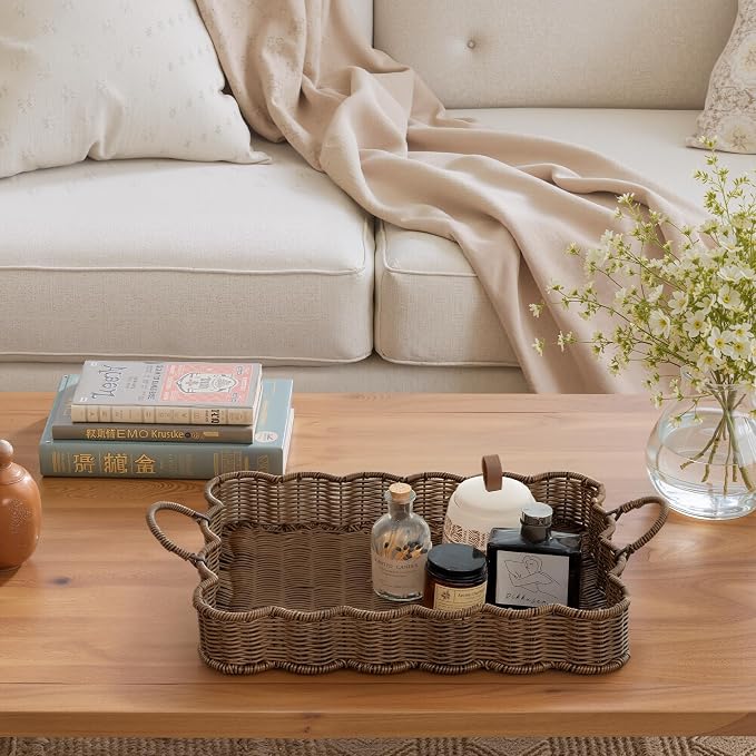 GRANNY SAYS Wicker Decorative Scalloped Trays for Home Decor, Coffee Table Trays with Handles, Woven Rattan Tray for Kitchen Counter, Rectangle Serving Tray Decor for Living Room, Ottoman, Brown