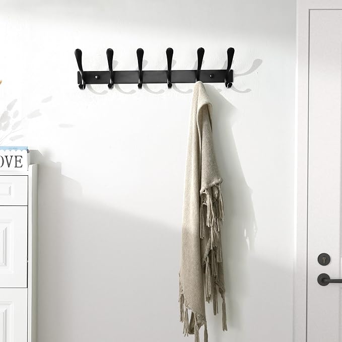 SKOLOO Coat Rack Wall Mounted - 6 Hooks, Heavy Duty, Stainless Steel, Metal Wall Hanger, Sturdy Coat Hooks for Hanging Coats, Jacket, Clothes, Hats - Black