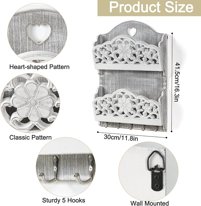 Key and Mail Holder for Wall, 2-Slot Mail Organizer Wall Mount 5 Key Hooks | Retro Hollowed-out Pattern Wooden Key Hangers Wall File Organizer Letter Sorter, Key Rack for Entryway Home Decor Extra Wide