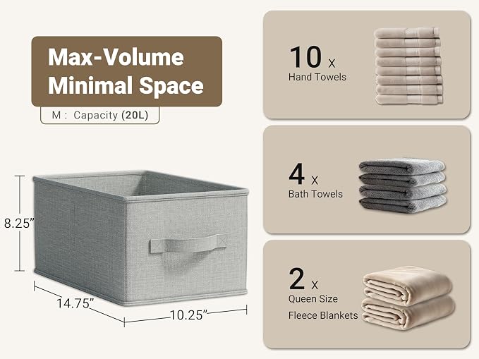 LayerSpace 3 Pack Fabric Storage Bins for Shelves | 14.75x10.25x8.25 in Storage Baskets | Fabric Closet Organizers with Handles Home Organization | Linen Clothes Storage Bins | Light Gray | Thickened Rigid PP Panels, Cotton-linen Shelf Baskets, Measure...