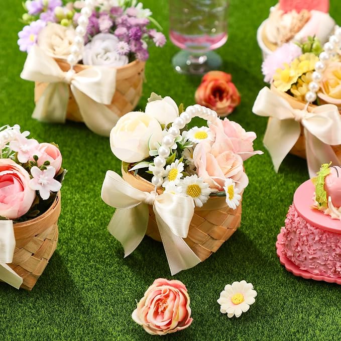 12 Pcs Mini Flower Girl Basket Mini Woven Baskets with Pearl Handles Wood Chip Flower Fruit Picnic Holder with RibbonCh ip Bucket for Wedding Party Gifts Baby Shower Birthday Party Decoration