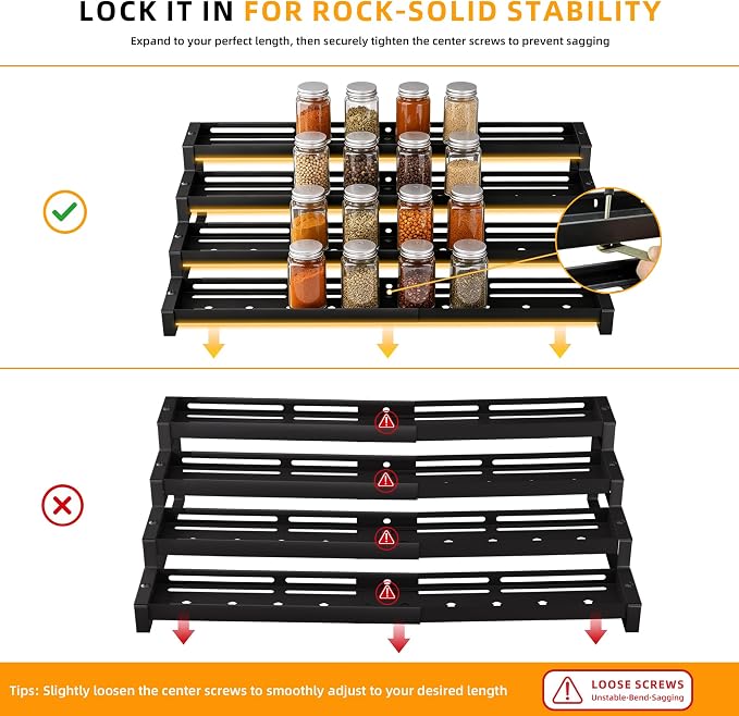 Spice Rack Organizer for Cabinet, 13-21.5" Expandable Spicy Shelf | 11.6" Wide 4-Tier Black Metal Seasoning Organizer, Kitchen Spice Organization, Slip-Resistant Guardrails for Jars and Cans