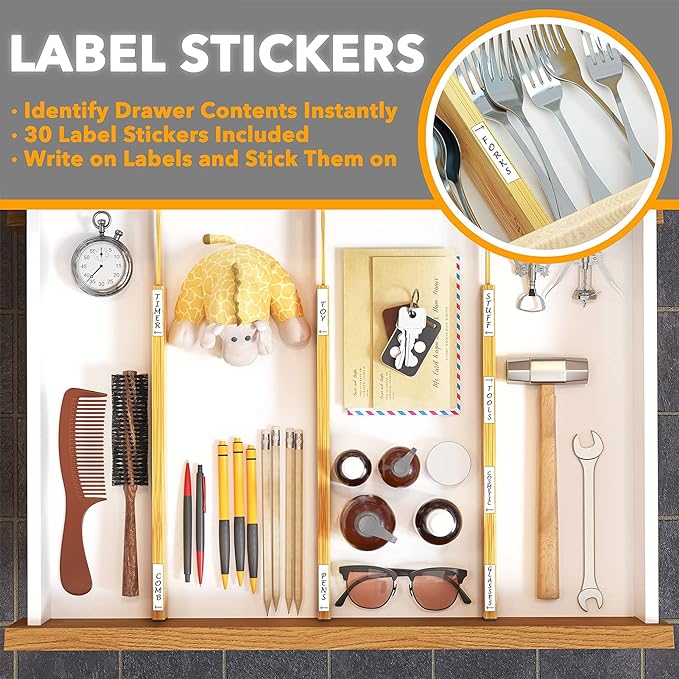 SpaceAid Bamboo Drawer Dividers with Labels, Kitchen Adjustable Drawer Organizers, Expandable Organization for Home, Office, Dressers and Bathroom, 6 Dividers (17-22 in) (Pack of 2)