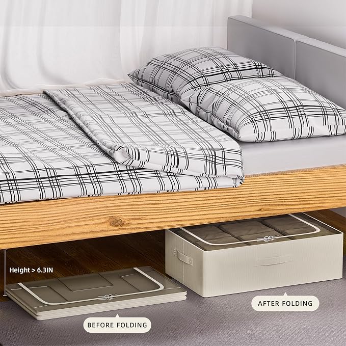 CYhom 3Pcs Under Bed Storage Bins with Metal Frame - Shoe Organizer for Closet with Clear Cover Oxford Fabric Sturdy Underbed Container Foldable Stackable Clothes Organizer (Beige, 23.5x19.7x6.3)