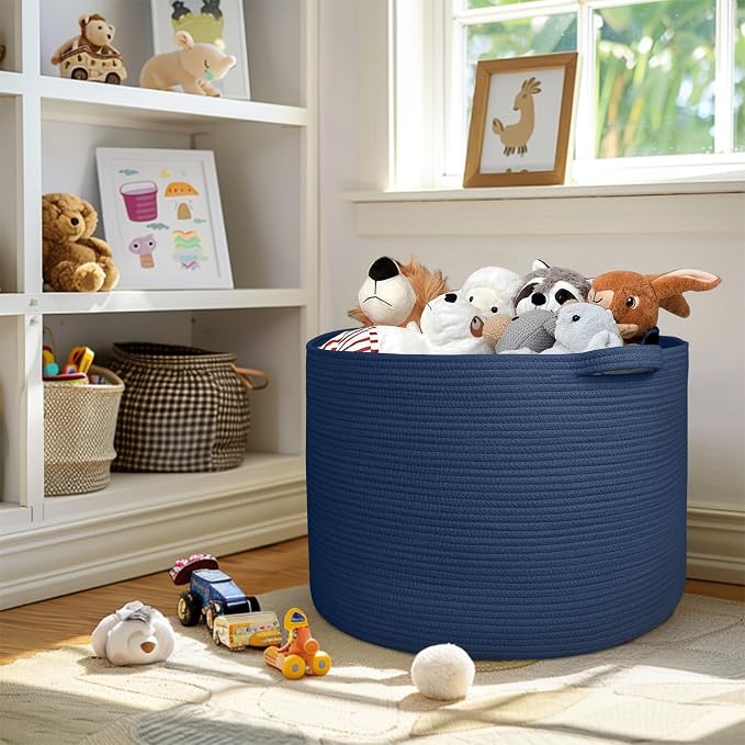 115L Dark Blue Basket for Organizing, 23.6" x 15.7" XXXL Woven Cotton Rope Laundry Basket, Oversized Blanket Storage for Living Room Bedroom, Kids Toy Box Organizer, Pool Towel Storage Bin