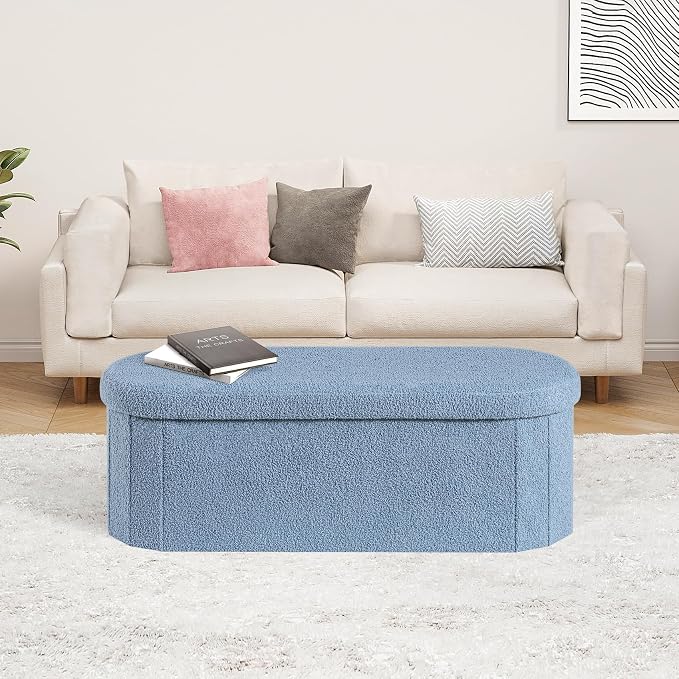 PINPLUS Storage Ottoman Bench Tufted Folding Ottomans Bench Foot Rest, Chest Box Velvet Bench with Storage 43"" x15 x15 (Blue)