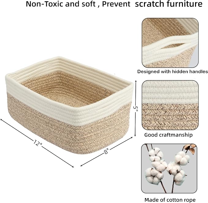 XUANGUO Small Woven Storage Baskets for Shelves, 12" x 8" x 5", White/Brown | Decorative rope storage bins for closets and toy storage; cute organizer baskets, empty gift baskets and nursery storage.