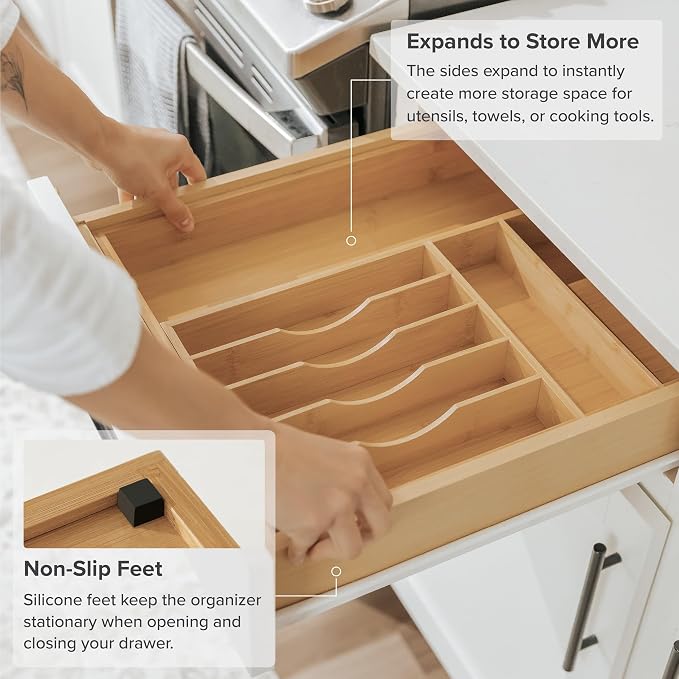KitchenEdge Silverware & Utensil Drawer Organizer, 10.5-19 in, Bamboo | Cutlery, flatware, food-safe contract grade, kitchen drawer fit