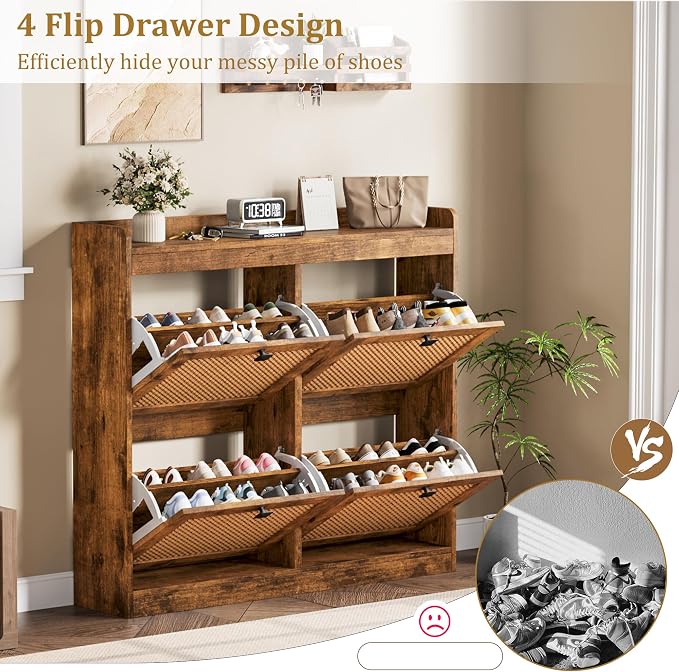 Garvee Shoe Storage Cabinet with 4 Flip Drawers, Wood Shoe Cabinet with Rattan Doors and Adjustable Shelves- Freestanding Shoe Organizer for Entryway, Hallway