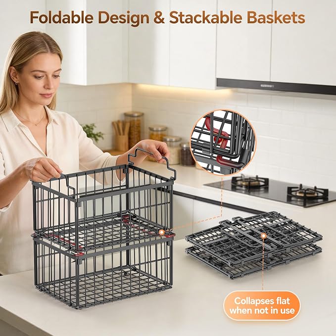 Freezer Organizer Bins, 6 Pack Enlarged Baskets for 5-9 Cu.FT Deep Freezer | Stackable Chest Freezer Organizer Bins, Foldable with Handles, Black Storage Container Baskets for Sort Frozen Meats